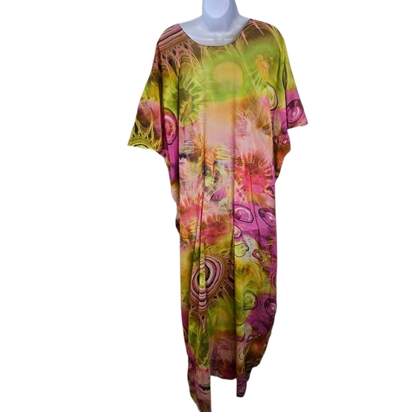 Vtg Colorful Abstract Hippie Boho Mrs Roper Caftan Kaftan Dress - Picture 2 of 8